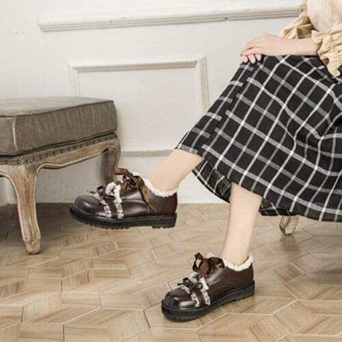 Lolita Lace Shoes Low Heel Uniform PU Shoes Round Head Loli Girl Bowknot Princess Kawaii Girl Women Shoes Cos Lolita