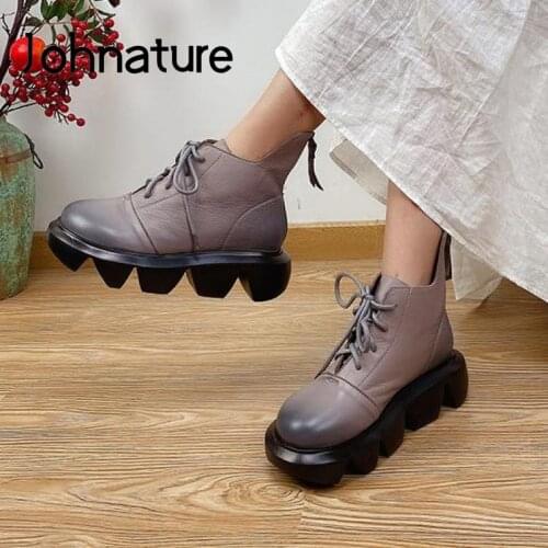 Johnature Women Boots Winter 2020 New Lace-up Women Shoes Genuine Leather Round Toe Handmade Wedges Zip Ankle Platform Boots