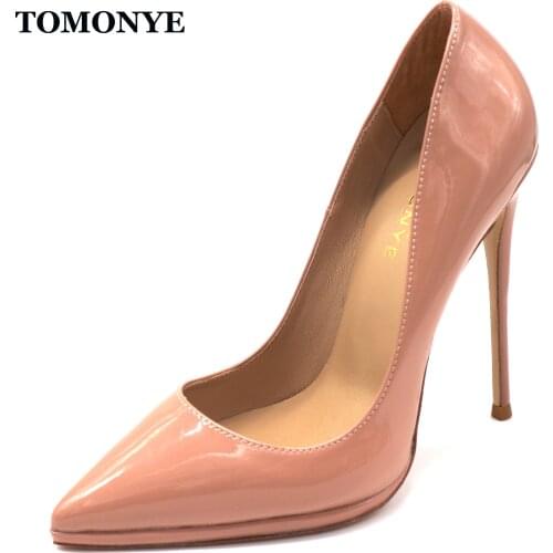 TOMONYE nude patent leather pointed toe office lady OL style women lady work shoes 12cm high heel with platform small plus size