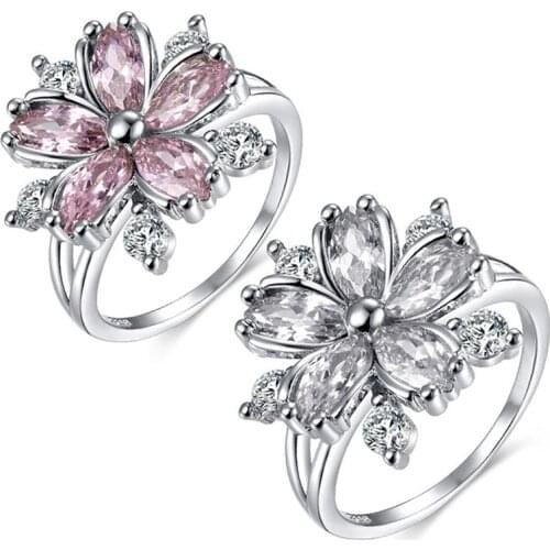 Elegant Fashion Sakura Princess Engagement Rings For Bride Jewelry Romantic Cherry Blossom Zircon Lady Rings