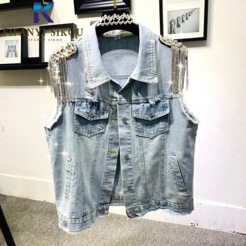 Denim Vest Women Sleeveless Jacket Short Coat Fashion Diamonds Tassel Jeans Vest Female Loose Washed Denim Jacket Vests 2020 New