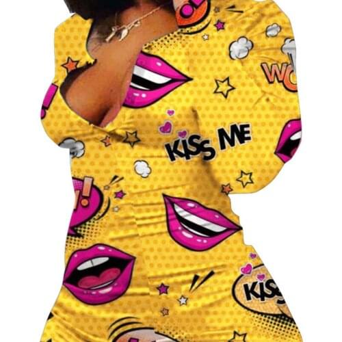 Women V-neck Long Sleeve Jumpsuit Lip Print Leotard Bodycon Sleepwear Summer Autumn Sexy Slim Casual Rompers