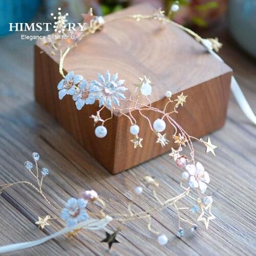 Himstory Handmade Star Sunflower Wedding Hairband Wedding Gold Pearl Crystal Headpiece Wedding Hair Jewelry Hair Accessories