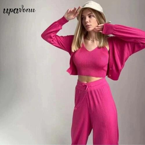 Free Shipping Casual Knit 3-Piece Set Womens Single-breasted Long Sleeve Cardigan Jacket & Vest & Wide Leg Pants Two-Piece Sets