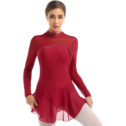 Women Ice Skating Dress Shiny Rhinestones Sheer Mesh Long Sleeves Back Opening Leotard Figure Roller Skating Ballet Dance Dress
