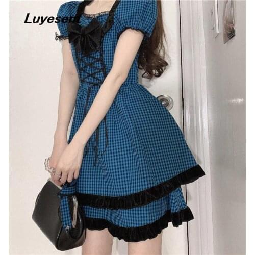 Blue Plaid Girl Lolita Mini Dress Summer Women Lace-up Bow Puff Short Sleeve High Waist Lace Dresses Korean Fashion Clothes