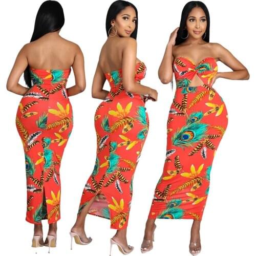 Sexy Fashion Print Women Dress Tube Top Hollow Out Bodycon Robe Summer Beach Vacation Long Dress Sleeveless Backless Split Dress