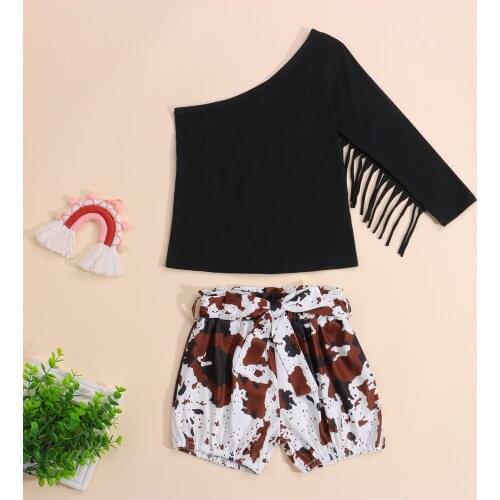 2 Pieces Kids Suit Set, Girls Solid Color Sloping Shoulder Long Sleeve Tops+ Floral Print Pants for Toddler 2021 Summer