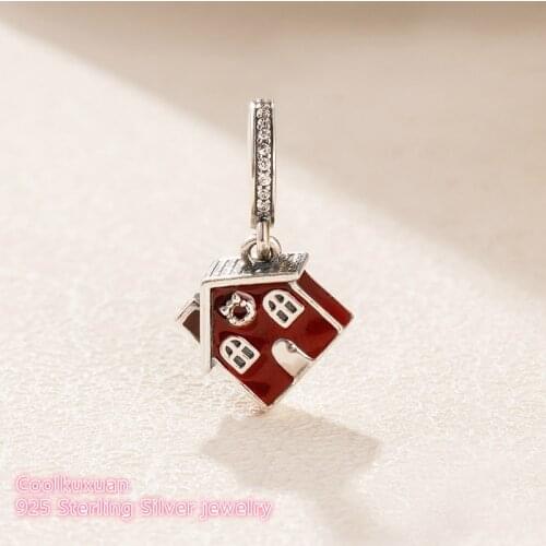 925 Sterling Silver Cosy Christmas House Dangle Charm, Clear CZ & Red Enamel Fit Original Pandora Charms Bracelet winter