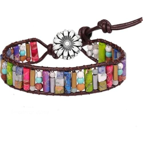 Chakra Bracelet Jewelry Handmade Multi Color Natural Stone Tube Beads Leather Wrap Bracelet Couples Bracelets Creative Gifts