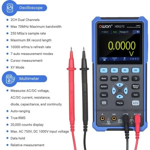 OWON HDS272 Digital Oscilloscope Multimeter Tester 2 Channels Lab Automotive Oscilloscope True-RMS Multimeter 2-in-1 Tester Kit