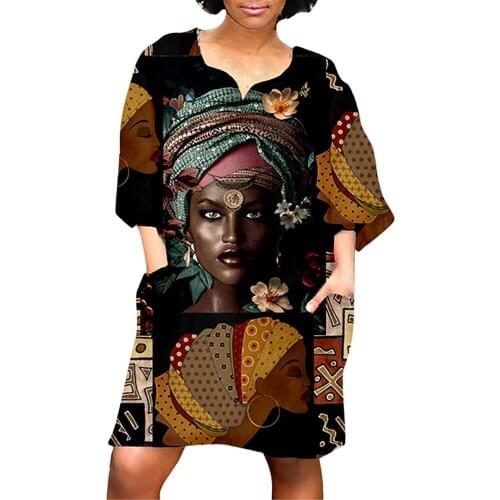 Colorful Above Knee Women Fashion African Vintage Print Middle Sleeve V Neck Casual Mini Dress Straight Loose Harajuku Dresses