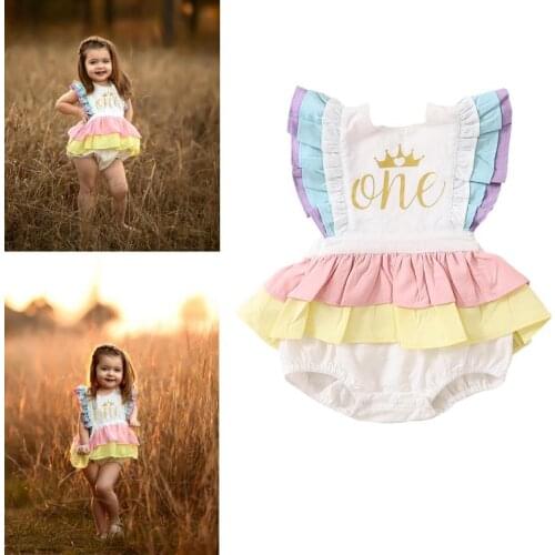 Emmababy Baby Romper Girl Cotton Ruffled Lace Sleeveless Rainbow Romper Golden Letter Crown Print Jumpsuit, Fluffy Skirt 0-24M