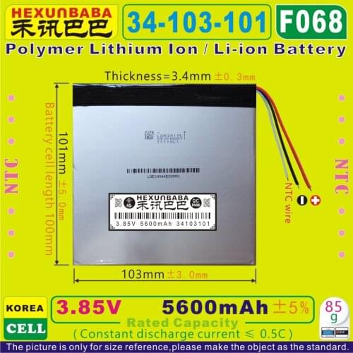 [F068] 3.85V,3.7V 5600mAh [34103101] NTC; Polymer lithium ion / Li-ion battery for MOBILE BANK,tablet pc,cell phone,POWER BANK