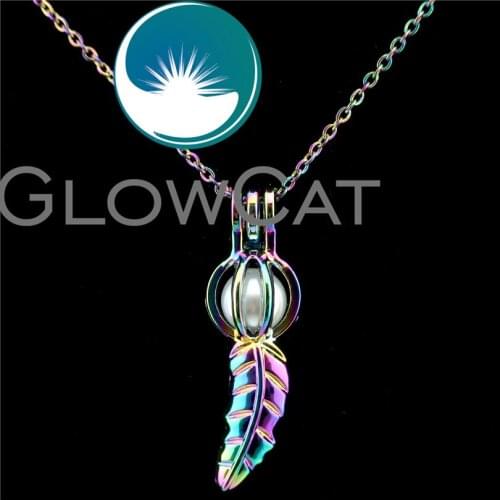 GLOWCAT C542 Rainbow Leaf Ball Beads Cage Essential Oil Diffuser Aroma Pearl Cage Locket Necklace Women Girl Gift