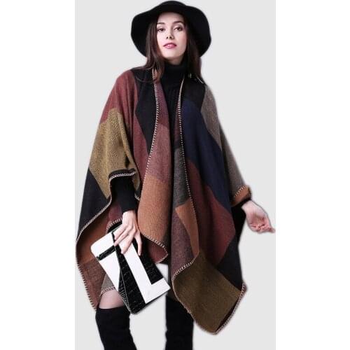 Classical Branding Pashmina Cashmere-Like Soft Plaid Poncho Jacquard Multi-function Scarf Big Black Color-blocking Carpet Poncho