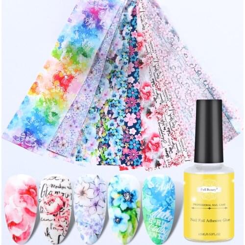 Nail Foil Glue Gel Set For Mix Flowers Transfer Foils Sticker Adhesive Starry Sky Paper UV Gel Polish Manicure Designs JI1538-1