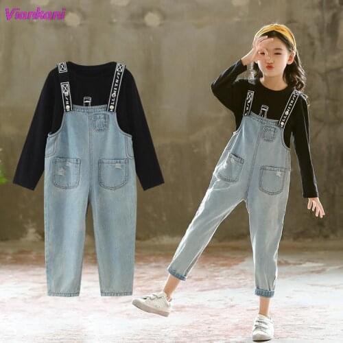 Spring Children Clothing Sets Girl 6 8 9 10 12 Years Girls T-shirt +Denim Overalls Suit 2021 Autumn Teen Kids Clothes Tracksuits