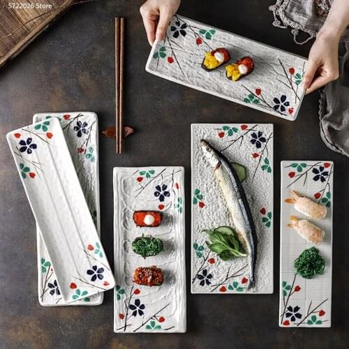 Creative Kitchen Kitchenware Household Ceramic Rectangular Steak Plate Retro Japanese Cuisine Dessert Plate Fruit Noodle Plate