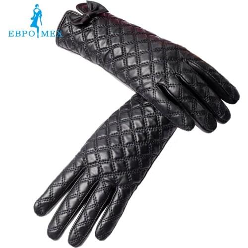 Creamy-white leather women gloves,Floral,Genuine Leather,gray checkered leather gloves,Leather gloves for women,Female gloves