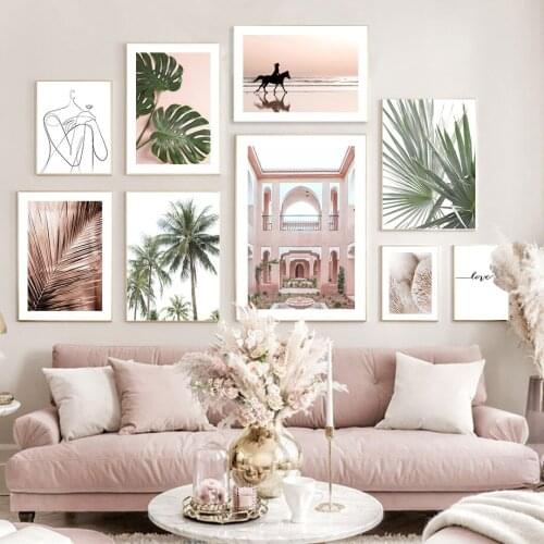 Sea House Line Girl Palm Monstera Leaf Wall Art Canvas Painting Nordic Posters And Prints Wall Pictures For Living Room Decor
