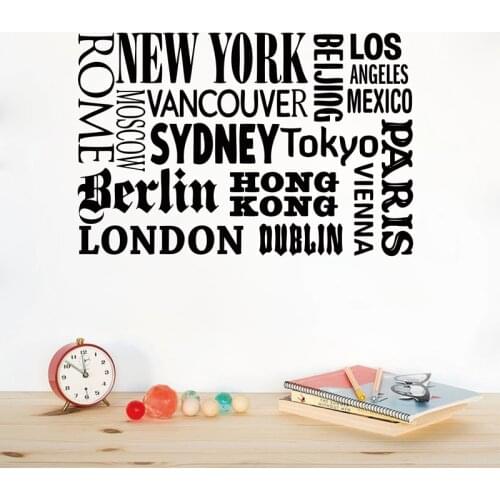 New York London Paris Quote wall sticker World City Names Vinyl wall decal art DIY home office decoration , free shipping