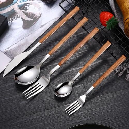 Stainless Steel Western Retro Tableware Wooden Handle Fork Spoon Knife Dessert Fruit Steak Flatware Kitchen Dinnerware Tools