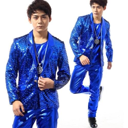 Nightclub Costume Male Singer Blue Sequin Suit Rave Clothes Festival Outfit DS Dj Stage Modern Dance Performance Wear DNV12416