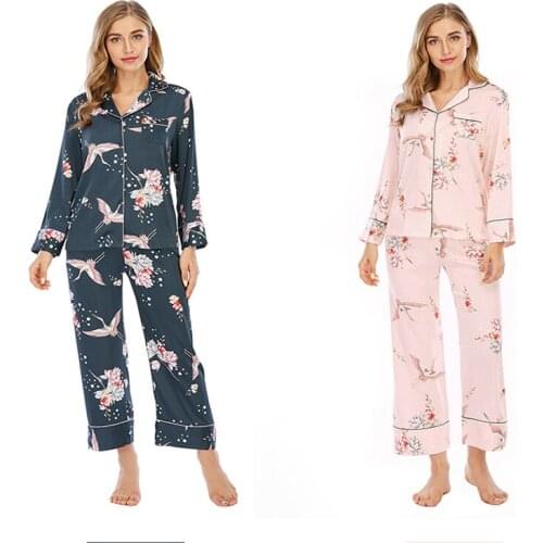 2021 Autumn New Ice Silk Cardigan Trousers Long Sleeves Womens Pajamas Suit Ladies Pijama Crane Print Sleepwear Set Home Clothes