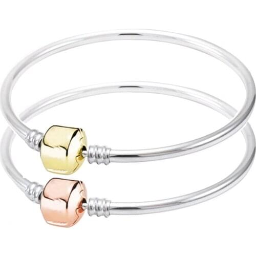 Original Rose Gold Barrel Clasp Snake Chain Basic Bracelet Bangle Fit 925 Sterling Silver Bead Charm Bangle Diy Pandora Jewelry