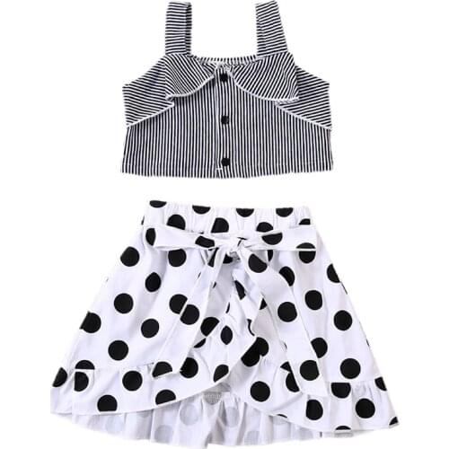 1-5Y Toddler Baby Girl Casual Clothes Set Ruffle Stripe Sleeveless Shirt Tops+Polka Dot Skirts Kid Girl Outfits Set Summer