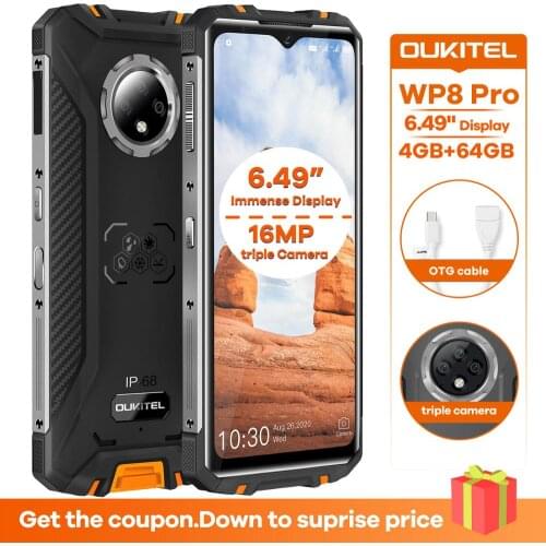 OUKITEL WP8 Pro NFC IP68 Rugged Sports Mobile Phone 6.49'' Fingerprint Android 10 4GB 64GB 5000mAh 16MP Triple Camera Octa Core