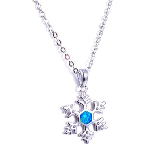 Cute Female Snowflake Pendants Necklaces Boho Silver Color Wedding Necklace Fashion Blue White Fire Opal Necklaces For Women