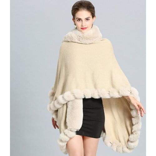 Autumn Winter Cloak Poncho Women New Large Imitation Fox Fur Collar Fur Shawl Cape Coat Red Grey Black Outwear