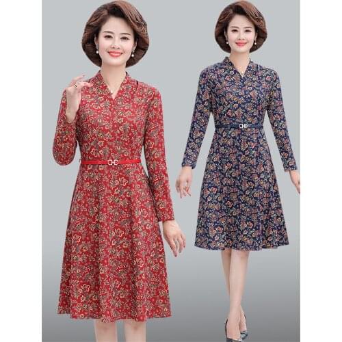2020 New Floral Dresses Female Temperament Middle-aged Mothers New Spring and Autumn Long Sleeved Midi Dress Plus Size 5XL k1160