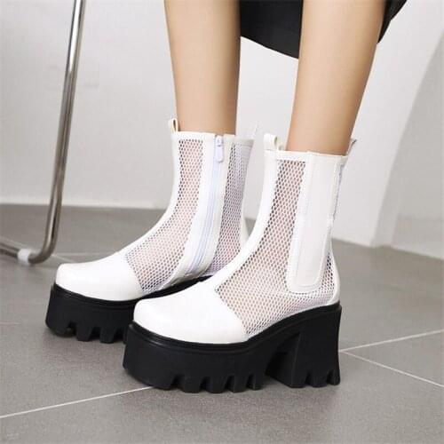 PXELENA JK 2021 Spring Gladiator Mesh Punk Rock Gothic Boots Harajuku Creepers Thick Sole Platform Chunky High Heels Shoes 35-44