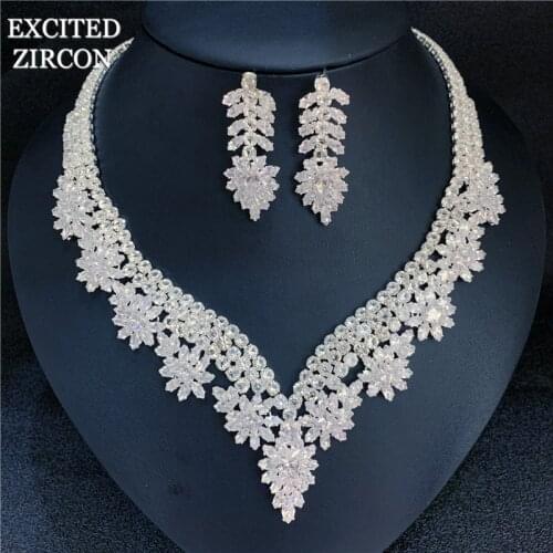 Luxury Fashion Cubic Zircon Leaf Wedding Necklace Earrings Women Bride Bridesmaid Exquisite Jewelry Set Party Accessories