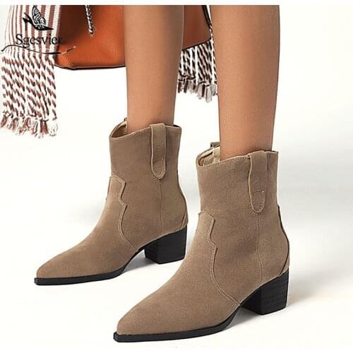 Sgesvier 2020 new hot sale ankle boots woman suede flock pointed toe slip on square heels casual shoes woman western boots