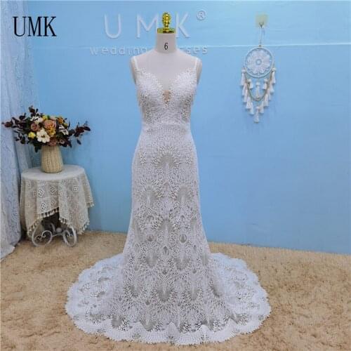 UMK Sexy V Neck Spaghetti Straps Mermaid Wedding Dress Chic Crochet Lace Boho Bridal Gowns