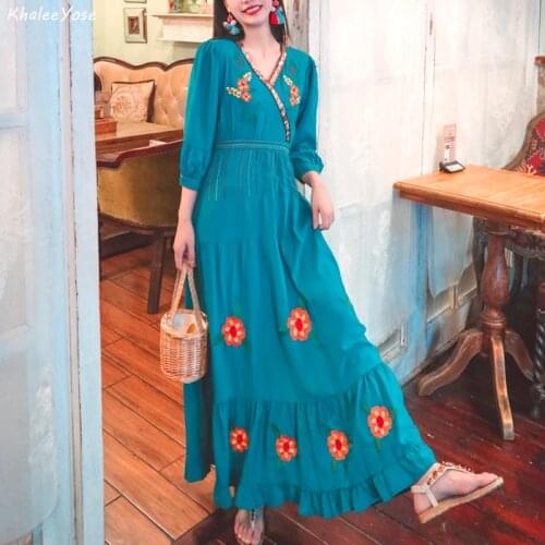 KHALEE YOSE Vintage Embroidery Maxi Dress Floral Boho Spring Autumn Women Dresses Ladies Holiday Long Sleeve Female Chic Dress