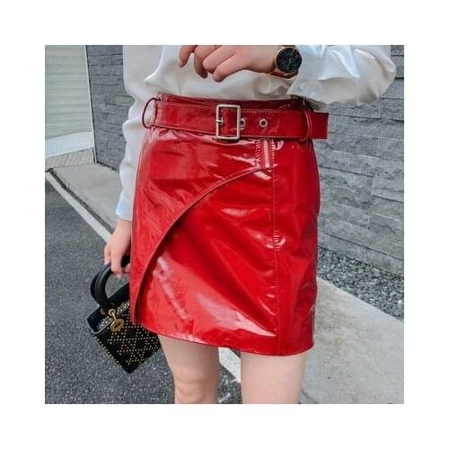 Top brand Autumn 2020 New and Winter Red Glossy Sheepskin Leather Skirt J8 high quality