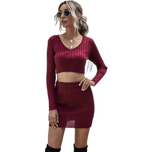 Knitted Mini Bodycon Skirt Set Women 2021 New Autumn Sexy Full Sleeve Female Solid Color Casual Outfit Two Piece Suit
