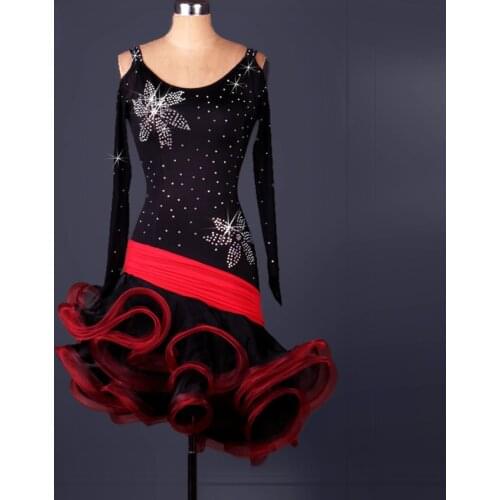 New long sleeve shoulder rhinestone cut out Latin Dance Dress Women flower Salsa Competition Dance Costume Cha Cha Dress