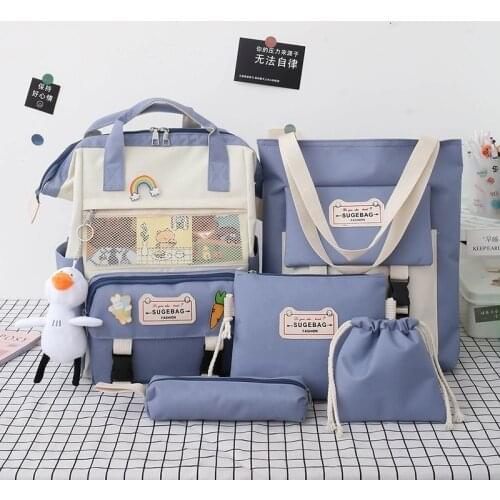 2021 5Pcs/set Canvas School Backpacks Women Lovely School Bags for Teenage Girls Bookbags Students Travel Shoulder Bags Female