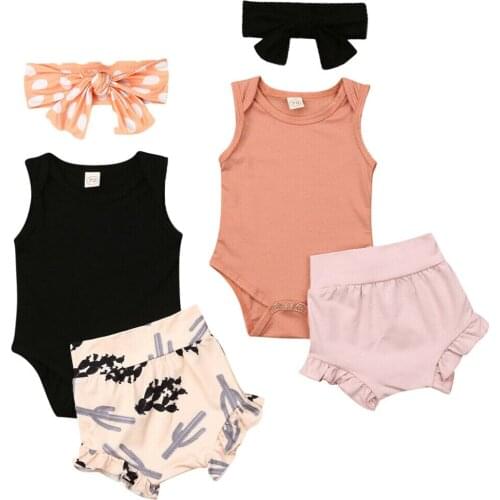 0-24M Baby Girl Boys Infant Cotton Clothes Sets Sleeveless Solid Romper Short Pants Headband 3PCS Outfits Sunsuit Summer