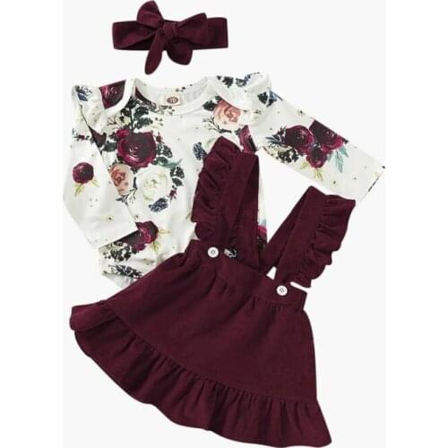 Newborn Baby Girl Clothes Set Floral Bodysuit Romper Jumpsuit Tops T Shirt Suspender Skirts Bow Headband Outfit 2021 New
