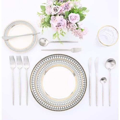 JANKNG 6Pcs Silver Cutlery Set 304 Stainless Steel Silverware Knife Fork Spoon Dinner Tableware Set Multicolor Dinnerware Set