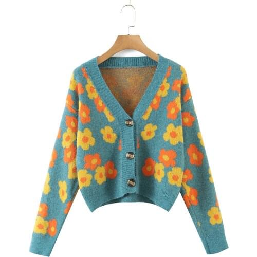 Jastie Fashion Casual Womens Knitted Cardigan Floral Print V-Neck Long Sleeve Single-Breasted Sweater Bohemian Tops 2021