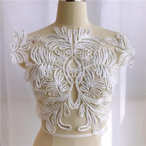 1 Piece Sequins Lace Applique Ivory White Lace Trim Wedding Fabric For Costume Dress Decor Sewing Lace Appliques Crafts