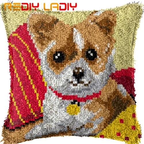 Latch Hook Cushion Kit Dog on Sofa Pillow Case Acrylic Yarn Pillow Pre-Printed Color Canvas Crochet Cushion Cover Hobby & Crafts